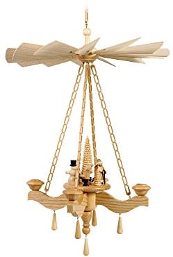 Volkskunstwerkstatt Unger Deckenpyramide - Hängepyramide Weihnacht mit Ringelbaum #0870/T inkl. 4 Teelichtaufstecker - Echt Erzgebirge®