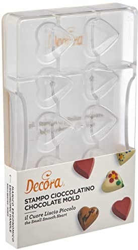 DECORA, 0050075 Moule à chocolat en forme de cœur en polycarbonate, 10 cavités de 32,5 x 35 mm, Idéal pour avoir des chocolats brillants et croquants, Poignée ergonomique brevetée, Fabriqué en Italie.