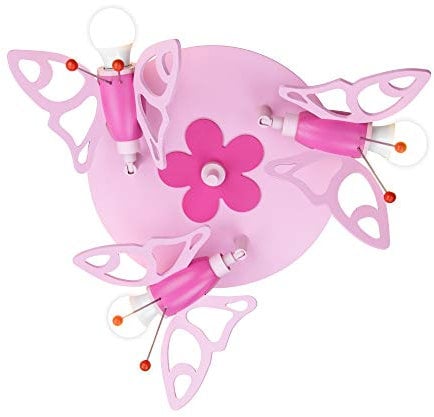 Elobra Deckenlampe Kinderzimmer 'Schmetterling' | hochwertige Kinderzimmerlampe für Mädchen aus Echtholz, rosa Prinzessin Lampe mit Blumenmuster, 30 x 30 x 20cm, Rosa Pink