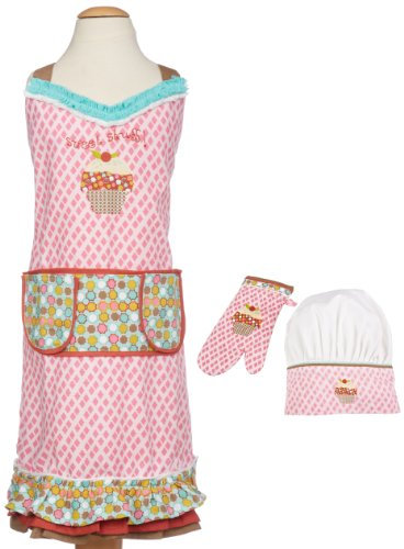 Mu Mini 58 X 43 cm Cupcake Apron Chef's Hat Oven Mitt Set Cotton, Pink/White