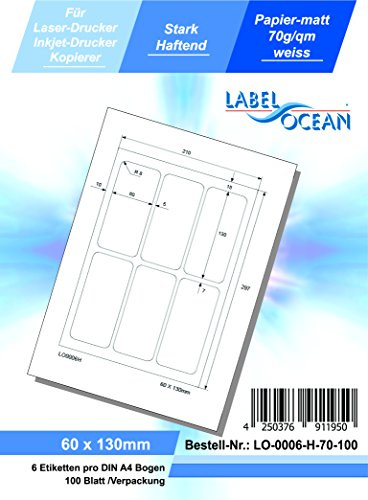 LabelOcean LO-0006-H-70-100 Universal Etiketten, 100 Blatt 70g/qm, BxH: 60 x 130 mm, Hochwertiges Papier