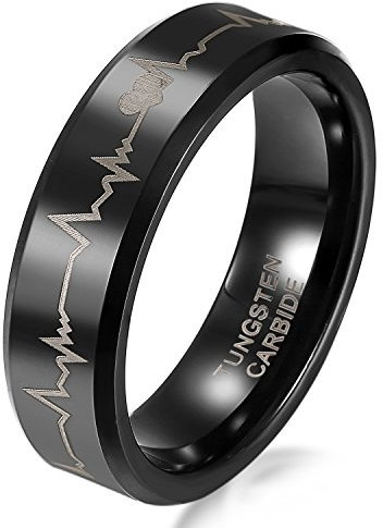 JewelryWe Herzschlag EKG Ring Damen: 6mm Breit Damen-Ring Schwarz Wolfram Wolframcarbid EKG-Ring mit Herzschlag & Herz Frauen Fingerringe Partnerringe Verlobung Hochzeit Band Größe 70