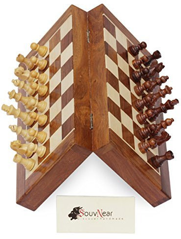 SouvNear Schach - Ultimatives 35 cm x 35 cm Klassisches Holz Reise Schachspiel mit Magnet Staunton Figuren und klappbares Spielbrett (dient zugleich als Aufbewahrungskoffer) - Handgefertigt von Handwerkern in feines Rosenholz mit einem Walnuss-Finish - Innenraum Familie Brettspiele