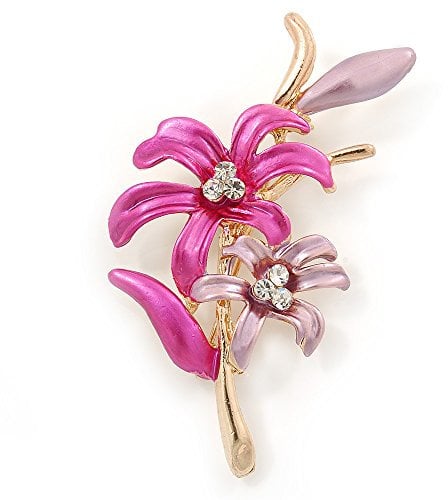 Fuchsia/Pink Enamel, Crystal Double Flower Brooch In Gold Plating - 62mm L