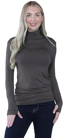 janisramone® Plain Long Sleeve Gym Tops Women with Thumb Hole and High Polo Neck, Plain Stretch Running Top Womens, Pull Over Soft Yoga Tops for Women UK Charcoal