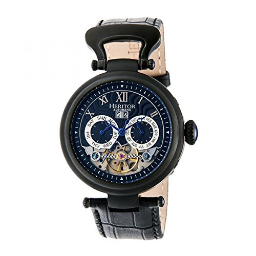 HERITOR Ganzi Automatic Watch for Men – 44mm Men’s Semi Skeleton Watch with 35-Jewel Movement, 316L Stainless Steel Case, Sapphire-Coated Crystal, Leather Strap (HERHR3307) – Black/Black
