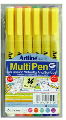 Artline 3.0mm Chisel Tip Pastel Multi Pen - White/ Pastel Pink/ Pastel Orange/ Pastel Blue/ Pastel Green/ Pastel Purple (Wallets of 6)