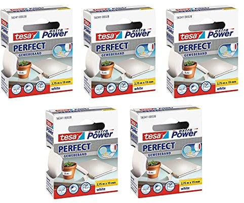 Tesa Gewebeband Klebeband Extra Power 19 mm x 2,75 m, weiß, 5 Stück