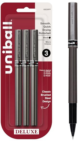 uni-ball® Deluxe Rollerball Pens, Micro Point, 0.5 mm, Graphite Barrel, Black Ink, Pack Of 3