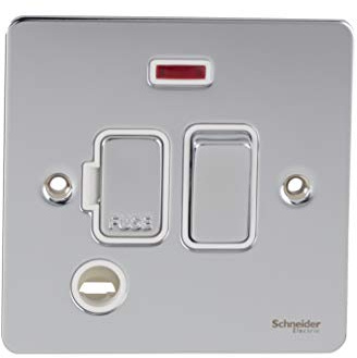Schneider Electric Ultimate Flat Plate - Switched Fused Connection Unit, with Neon Indicator and Flex Outlet, GU5214WPC, Polished Chrome with White Insert