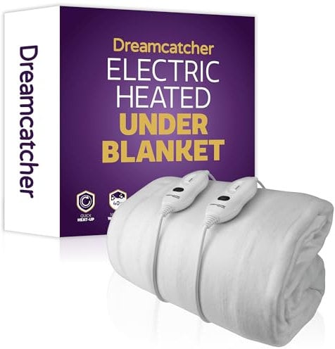 Dreamcatcher Superking Electric Blanket 203 x 182cm, Soft Polyester Electric Blanket Fitted Underblanket Mattress Cover, 3x Heat Settings, 2x Controllers and Machine Washable Heated Blanket