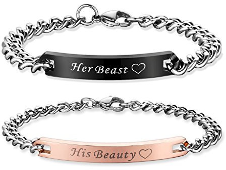 COAI Geschenkideen His Beauty und Her Beast Schrift ein Ein Paar Partner Ambänder mit Gravur aus Edelstahl ohne Stein