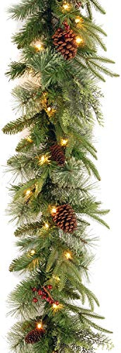 National Tree Company 9 ft Pre-Lit Colonial Fir Artificial Christmas Garland, Christmas Decoration with Red Berries, Pinecones, 50 Clear Lights, 180 Tips, Green