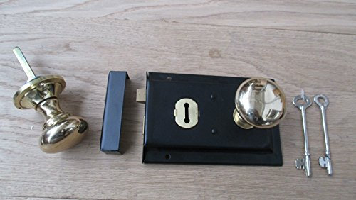 IRONMONGERY WORLD® Black Lock and Polished Brass Traditional Old Vintage Style Rim Door Lock & Rim KNOB Set Handles (Victorian Mushroom Round Rim KNOB)