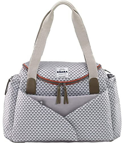 BÉABA - Borsa Fasciatoio Sydney II, Borsone per Pannolini, Materassini per il Cambio dei Neonato, Modulabile, Taschino IsoTermico per Pasti, Sistema di agGancio al Passeggino, Grigio/Corail