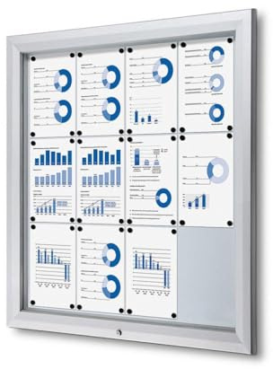 Schaukasten 12x DIN A4 | wetterfest für außen outdoor IP56 | Brandschutz-Zertifikat B1 für innen | ESG-Sicherheitsglas | magnetisch, abschließbar | Wand-Montage | silber | für Schule, Behörde, Büro