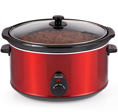 Andrew James 8L Slow Cooker, Removeable Easy to Clean Ceramic Bowl, 3 Temperature Settings, Cool Touch Handles & Non-Slip Feet, Energy Efficient Slow cooker with Tempered Glass Lid (red).