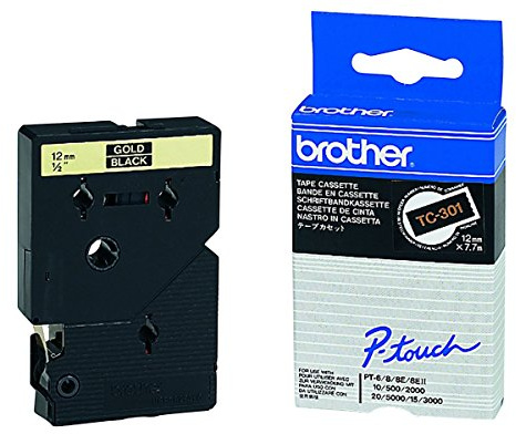 Brother TC-301 Labelling Tape Cassette, Gold on Black, 12 mm (W) x 7.7M (L), Laminated, Brother Genuine Supplies