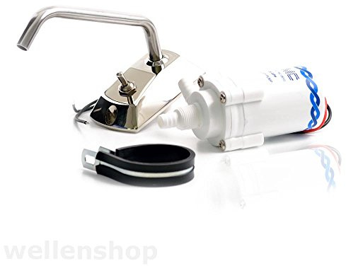 12V Wasserhahn mit Wasserpumpe, Schelle, Kippschalter Wohmobil, Boot | Messing | Kunststoff | Für Camping, Wohnmobil & Caravan | Für Haushalt | inkl. Hahn: 150 mm 2 Bohrungen | Ø: 10 mm | 12 Volt