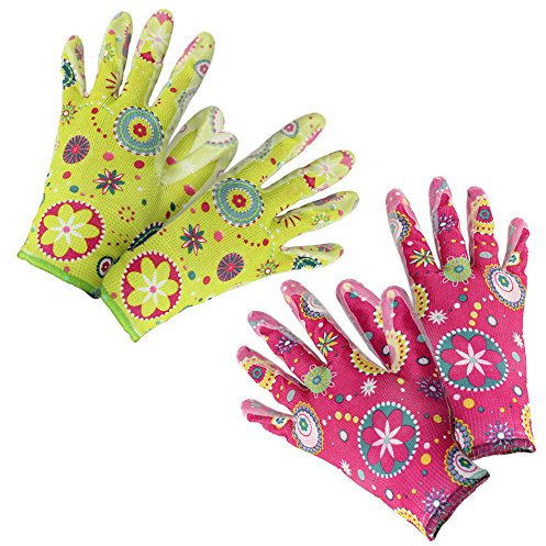 com-four® 2er Set Premium Handschuhe für Garten und Arbeit - Boden- und Pflanzhandschuhe Flower-Power, Größe 8 in grün & pink (02 Paar - Flower grün/pink)