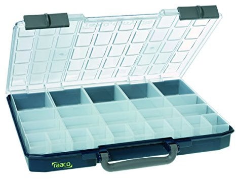 raaco CarryLite 55 5x10-25/2: Leicht Sortierbox für Werkstatt, mit 25 Einsätze für Kleinteile, Traglast 10 kg, Sichere Aufbewahrung, Transparenter Deckel, 33 x 41.3 x 5.7 cm