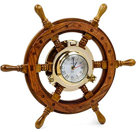 Nagina International Nautical Porthole Clock Ship Wheel | Roman Numerals (12 Inches)