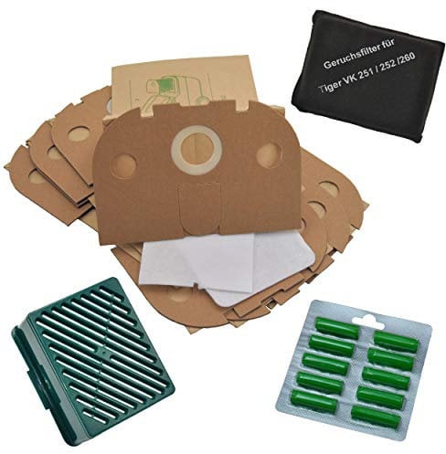 FSProdukte 10 Staubsaugerbeutel + Aktivfiltersystem + 10 Duft geeignet für Vorwerk Tiger VT 251 252
