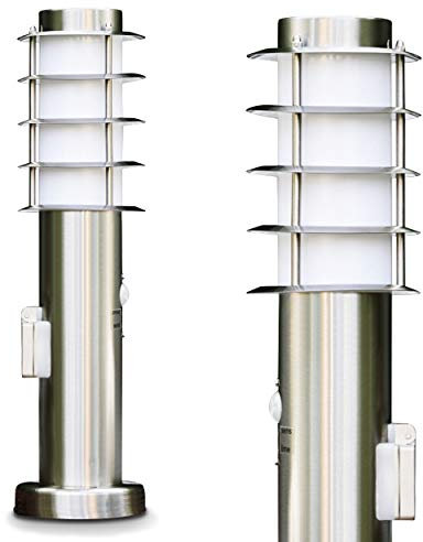 Außenleuchte Tunes mit Bewegungsmelder, Steckdose, moderne Sockelleuchte aus Edelstahl und Kunststoff-Scheiben, Wegeleuchte 45cm, Gartenlampe mit E27-Fassung, Gartenbeleuchtung IP44, ohne Leuchtmittel