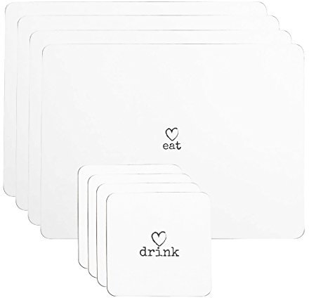 Set of 4 Placemats & 4 Coasters White Charm Love Heart Dinner Table Setting Mats