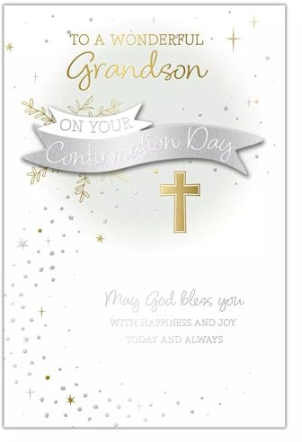 Grandson Confirmation Day Card - Silver Foil Banner & Gold Foil Cross 9x6