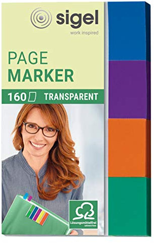 SIGEL HN671 Haftmarker Transparent, 160 Streifen im Format 20 x 50 mm, mint, orange, violett, türkis, aus Papier