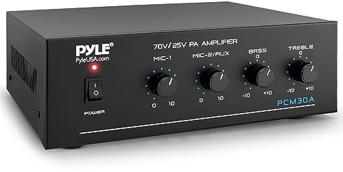 Pyle Compact 60 Watt Power Amplifier - Office, Home, Public Address System w/ RCA, 2 Microphone IN, 25/70 Volt Outputs, LED, Input Selector, Mic Talkover, Telephony, Music On Hold - PCM30A