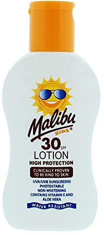 Malibu Kids SPF 30 Lotion, High Protection Sun Cream for Children,100ml | Water Resistant Moisturising Sunscreen with Vitamin E and Aloe Vera, Summer Essentials, Kids Sun Cream