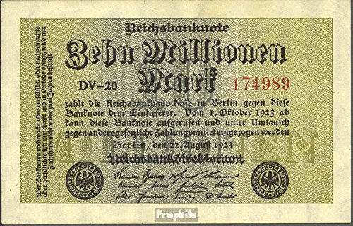 Prophila Collection Geldschein Deutsches Reich Rosenbg: 105a, Wasserzeichen Hakensterne 6stellige Kontrollnummer gebraucht (III) 1923 10 Millionen Mark (Banknoten für Sammler - kein Zahlungsmittel)