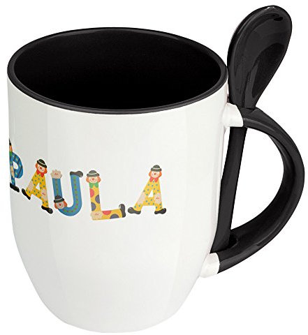 Namenstasse Paula - Löffel-Tasse mit Namens-Motiv Holzbuchstaben - Becher, Kaffeetasse, Kaffeebecher, Mug - Schwarz