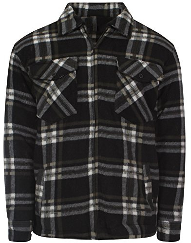 MyShoeStore Mens Padded Shirts Lumberjack Collared Hooded Flannel Check Jacket Thick Quilted Work Wear Warm Thermal Fleece Fur Lined Top Casual Coat (Collared Black, L)