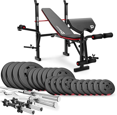 HOP-SPORT® Set d'haltères 38-129,5 kg, Banc de Musculation Pliable Multifonction HS-1055, Pupitre de Curl, Papillon, Presse à jambes, Ensemble de disques de poids en plastique 31 mm, Barres d'haltères