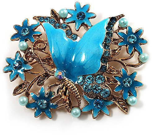 Broche fleur et papillon en émail bleu turquoise (ton or)