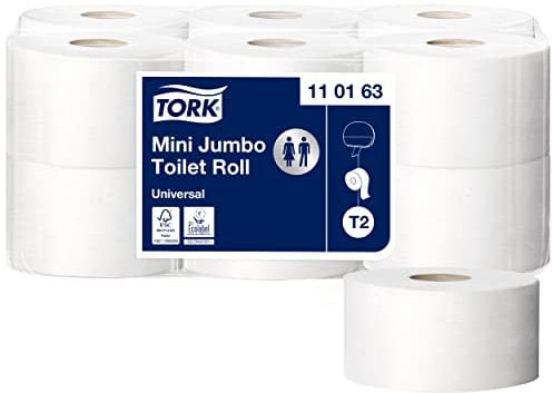 Tork 110163 Mini Jumbo toilet paper roll Advanced / Long lasting 1-ply rolls compatible with Tork T2 Mini Jumbo toilet system / 1 x 12 rolls (12 x 1714 sheets)