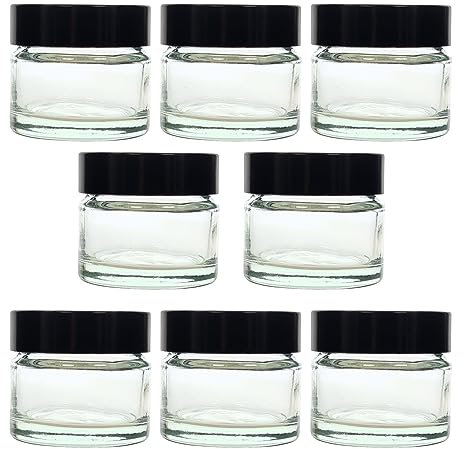 AVALON 8 PACK 15 ml / 0.5 oz Clear Glass Jars with Airtight Black Lids, Empty Refillable Cosmetic Containers, Glass Pot for Storage of Lotions, Face Creams, Ointment and Make Up