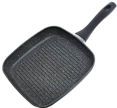 Schallen Anthracite Grey Kitchen Cookware Non Stick Frying Pan Saucepan Cooking Stock Pot Full Pan Set with Soft Grip Handles (Black Soft Handle, Griddle Pan - 26cm)