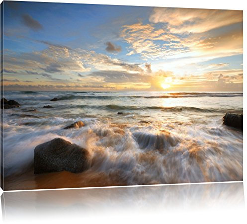 Pixxprint Sonnenuntergang am Meer, Größe: 100x70cm, Leinwandbild, fertig gespannt, Wandbild, Dekoration, Kunstdruck, kein Poster