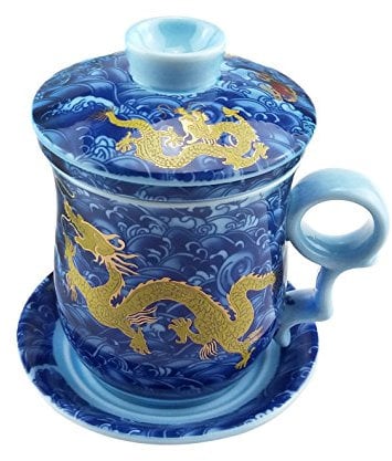 ufengke-ts Gelber Drache Chinesische Tee Tassen, Blaue Und Weiße Porzellan Handgemachte Tee Becher Mit Filter, Deckel Und Untertasse, Für Geschenk Und Haus, Büro 300Ml