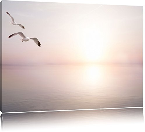 Pixxprint Möwen am Meer bei Sonnenaufgang, Größe: 100x70cm, Leinwandbild, fertig gespannt, Wandbild, Dekoration, Kunstdruck, kein Poster