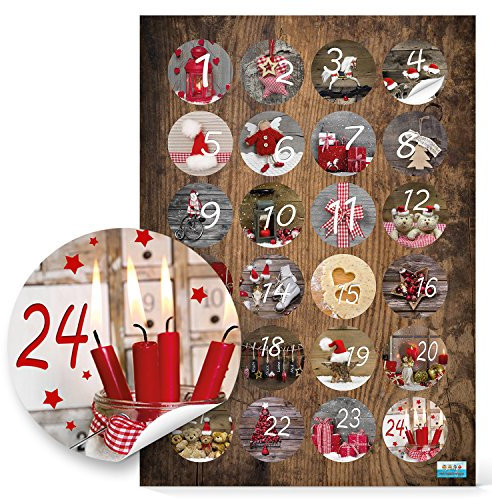 Zahlensticker Adventskalender, 24 Stück: Kalender Sticker Zahlen 1 bis 24, Aufkleber Nummern Weihnachten & Advent, Zahlenaufkleber Rund, Adventskalenderzahlen, Klebezahlen, Etiketten Ziffern, Ø 4 cm