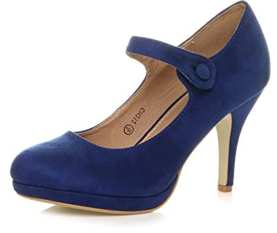 Womens Ladies mid high Heel Mary Jane Strap Evening Court Shoes Pumps, 4 UK, Cobalt Blue Suede