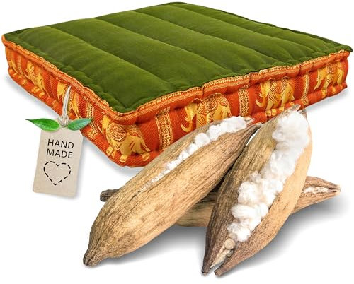 Livasia Sitzkissen Boden Thaiseide - 50x50x10cm - Bodenkissen Indoor/Outdoor, Meditationskissen Yogakissen, Stuhlauflage Palettenmöbel, Steppkissen Bank handgefertigt (Grün/Orange/Elefanten Seide)