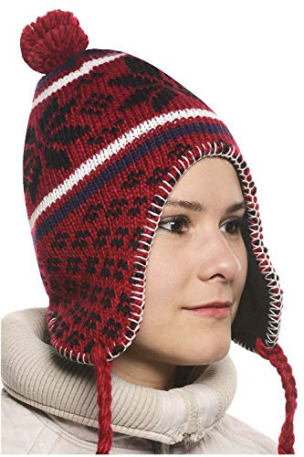 Peruanische Mütze Chullo Ch'ullu mit Bommel, Unisex, Herren/Damen, Farben zur Auswahl, rot, One size