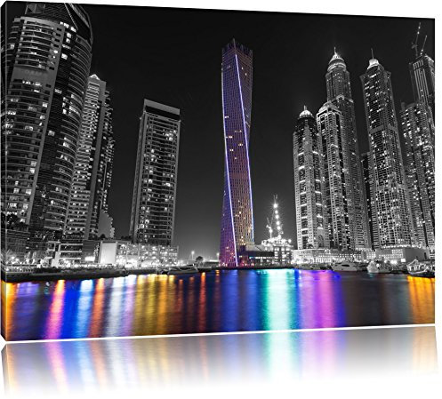 Skyline von Dubai bei Nacht schwarz/weiß Format: 120x80 auf Leinwand, XXL riesige Bilder fertig gerahmt mit Keilrahmen, Kunstdruck auf Wandbild mit Rahmen, günstiger als Gemälde oder Ölbild, kein Poster oder Plakat