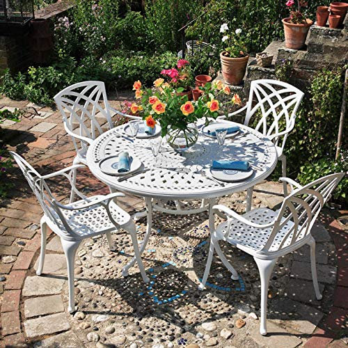 Lazy Susan 120 cm Runder Alice Gartentisch in Weiß mit 4 April Stühlen und beigen Sitzkissen | Nachhaltiges Sandguss-Aluminium | Wetterfest | Rostfrei | Wartungsarm | 3 Jahre Garantie